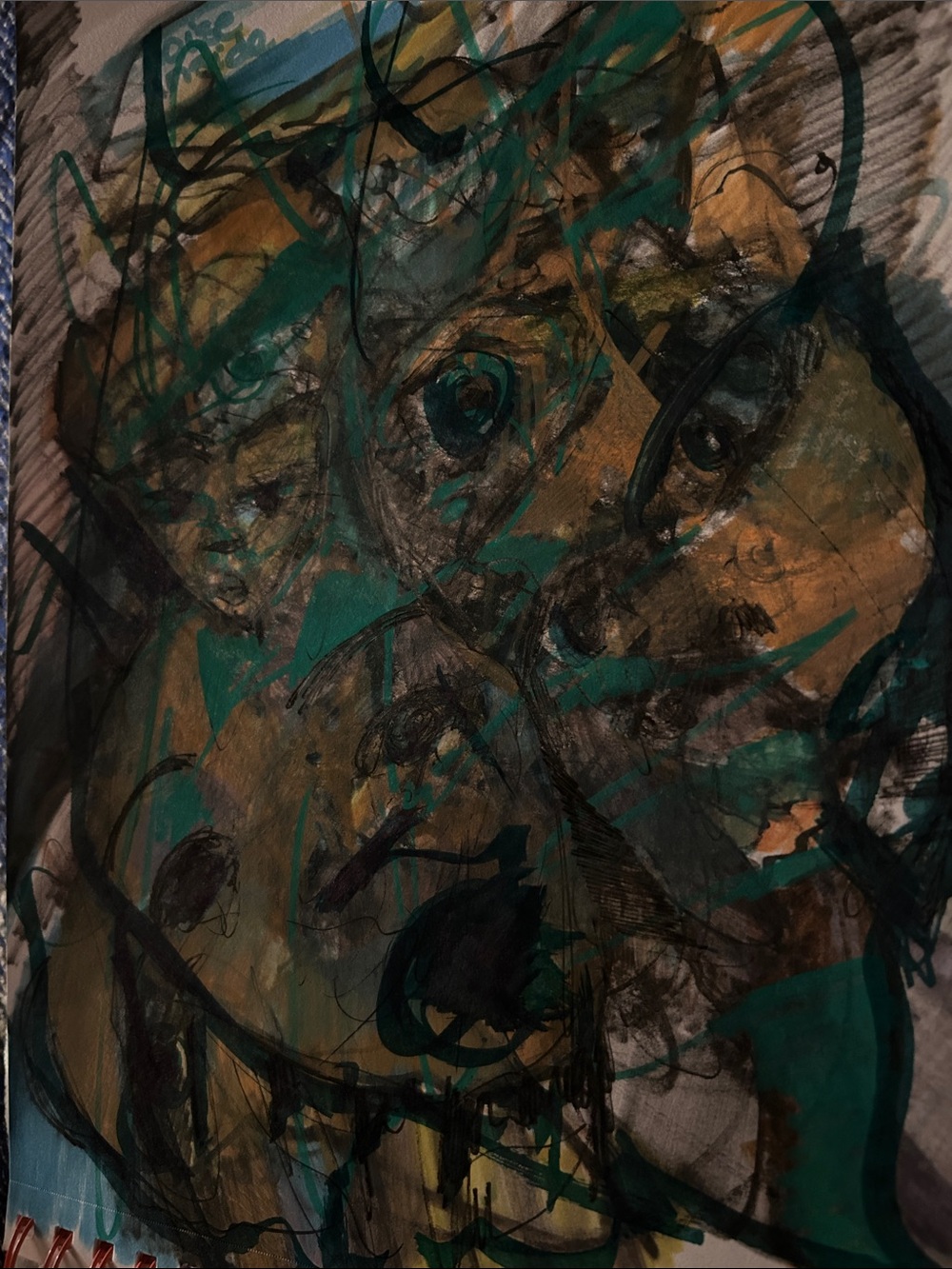 Abstract Mixed-Media Chaos Wall Art in Teal and Gold ORIGINAL